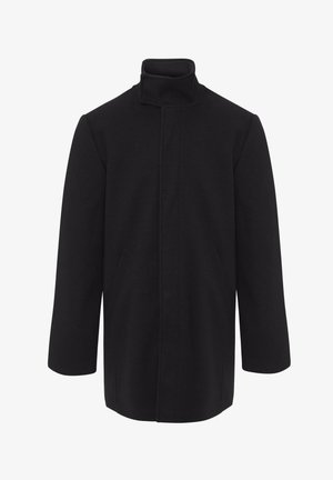 Abrigo de lana negro con cuello alto, corte recto, mangas largas y bolsillos laterales. Presenta un diseño minimalista con líneas limpias.