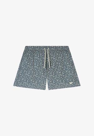 Boxer corti grigio scuro con motivo di minuscole lettere e simboli bianchi su tutta la superficie, vita elastica e coulisse beige al centro davanti.