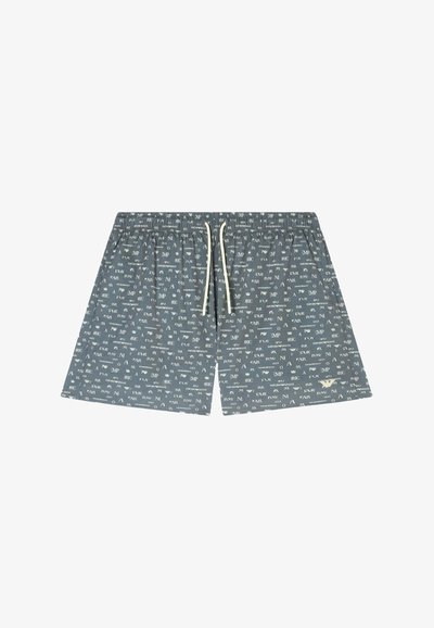 Σκούρα γκρι ανδρικά εσώρουχα τύπου μποξέρ με λευκό μοτίβο μικρών γραμμάτων και συμβόλων σε όλη την επιφάνεια, ελαστική μέση και μπεζ κορδόνι στο κέντρο μπροστά.