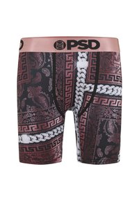 Boxer briefs da uomo con un motivo paisley nero, rosso e argento. Vita elastica con marchio "PSD" e accenti geometrici.