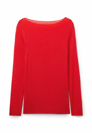 Roter Pullover mit langen Ärmeln und Rundhalsausschnitt, Slim Fit, auf weißem Hintergrund dargestellt.