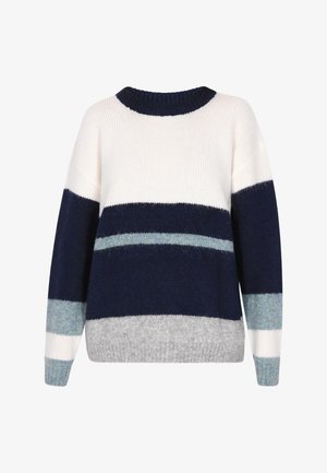 Kootud sviiter, millel on ümmargune kaelus, soonikkoes mansetid ja mitmevärvilised triibud tumesinisest, valgest, helesinisest ja hallist. Pehme, tekstuuriga kangas.