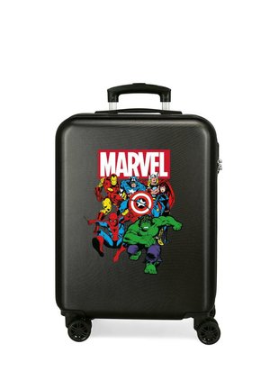 Maleta negra de carcasa dura con el logo de Marvel e ilustraciones de Iron Man, Capitán América, Thor, Black Widow, Spider-Man y Hulk en la parte delantera.