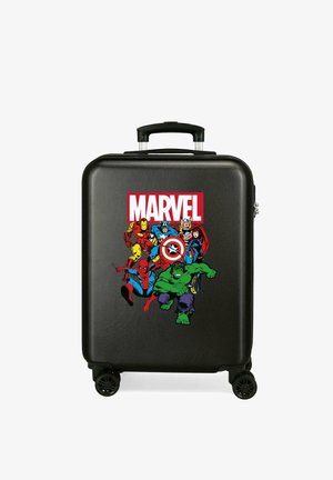 Maleta negra de carcasa dura con el logo de Marvel e ilustraciones de Iron Man, Capitán América, Thor, Black Widow, Spider-Man y Hulk en la parte delantera.