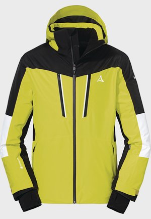 Helle grüne wasserdichte Skijacke mit schwarzen Akzenten, zwei mit Reißverschluss versehenen Brusttaschen, verstellbarer Kapuze und gerafften Bündchen für Wärme.