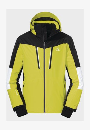 Giacca da sci impermeabile verde brillante con dettagli neri, due tasche sul petto con zip, cappuccio regolabile e polsini arricciati per il calore.