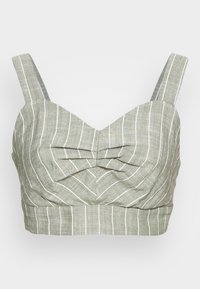 Top cropped listrado em verde e branco, com alças largas, tecido texturizado e um detalhe em laço na parte frontal central. Bainha reta.