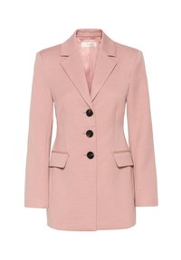 Hellrosa Blazer mit Reverskragen, vier schwarzen Knöpfen und zwei aufgesetzten Taschen vorne. Glatter Stoff mit strukturierter Silhouette.