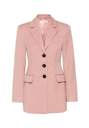 Gaiši rozā žakete ar iedobtu apkakli, četriem melniem pogām un divām priekšējām kabatām ar atloku. Gluda auduma ar strukturētu siluetu.