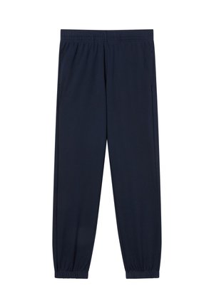 Donkerblauwe joggingbroek met elastische tailleband en enkelsluitingen, voorzien van zijkantenzakken en een losse pasvorm.