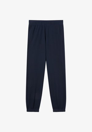 Granatowe spodnie dresowe z elastycznym pasem i ściągaczami przy kostkach, wyposażone w boczne kieszenie i luźny krój.