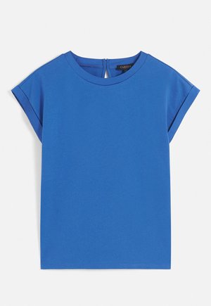 Blue short-sleeve top with a round neckline, featuring a back keyhole detail. Smooth fabric and straight silhouette.