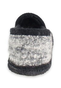Grijze en zwarte wollen pantoffel met een zachte, gestructureerde buitenkant, ronde vorm en een lage, gevoerde opening voor gemakkelijke instap.