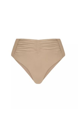 Szorty bikini o wysokim stanie w jasnym beżu. Posiadają marszczone wykończenie z przodu oraz gładkie boki. Wykonane z elastycznego materiału do kąpieli.