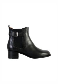 Black leather ankle boot featuring elastic side panels, a silver buckle accent, and a low stacked heel with horizontal stripes.