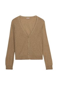 Cardigan lavorato a maglia beige con scollo a V, maniche lunghe e chiusura con bottoni. Presenta una lunghezza corta e una texture sottile.