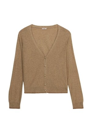 Beige Strickjacke mit V-Ausschnitt, langen Ärmeln und Knopfverschluss. Verfügt über einen cropped Schnitt und eine subtile Textur.