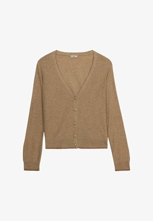 Cárdigan de punto en color marrón claro con escote en V, mangas largas y cierre de botones. Presenta un largo corto y una textura sutil.