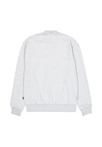 Siv sweatshirt z okroglim izrezom, rebrastimi manšeti in pasom. Mehka tekstura z diskretnim melange vzorcem. Brez grafike ali okraskov.