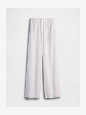 Άσπρο παντελόνι φαρδιάς γραμμής με ελαστική μέση και ίσια, φαρδιά πόδια, εμφανίζεται σε απλό λευκό φόντο.