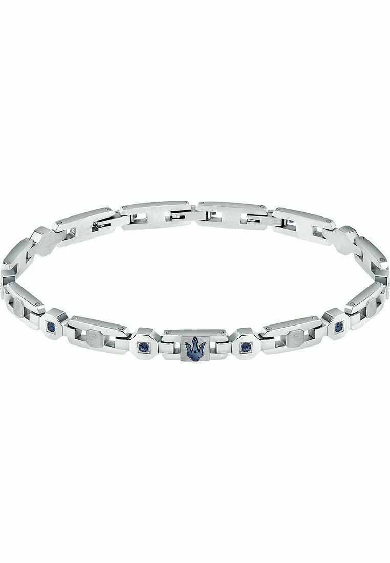 Sömlös silversmycke med sammanlänkade länkar, med blå detaljer och en unik emblem i mitten, slät och polerad yta.