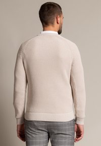 Pullover lavorato a maglia di un beige chiaro con una trama a coste, colletto rotondo e polsini aderenti. Indossato sopra pantaloni a quadretti grigi.