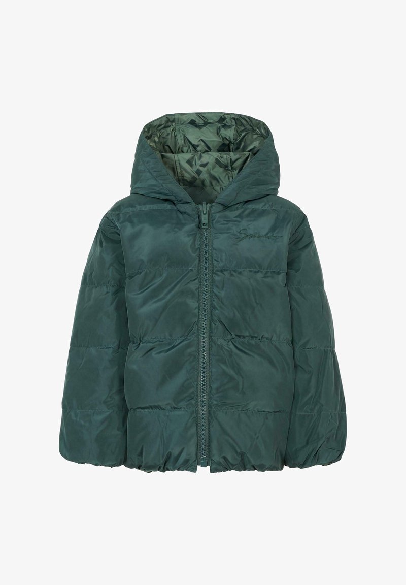 Giacca a vento imbottita verde scuro con cappuccio, dotata di chiusura frontale con zip, trama trapuntata e orlo elasticizzato. Materiale sintetico leggero.