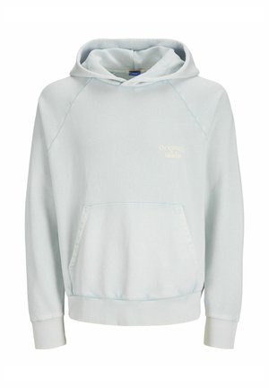 Vaaleansininen vetoketjullinen huppari, joka on tehty pehmeästä kankaasta. Siinä on kengurupocket, ribbaattuja hihansuita ja brodeerattu logo rinnassa.