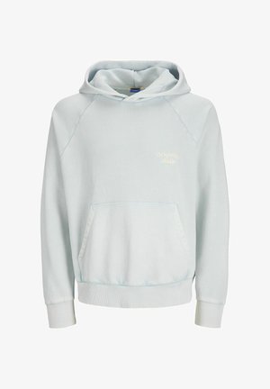 Hele sinise värvi pehme kangast kapuutsiga dressipluus, millel on kängurupocket, soonikkoes varrukad ja tikkitud logo rinnal.