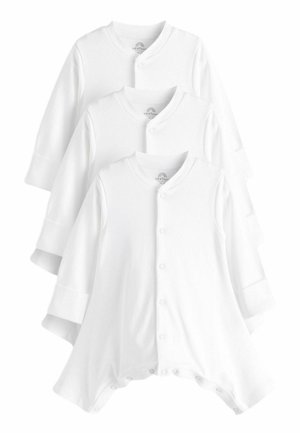 Trois bodys en coton blanc pour bébé, fabriqués en coton doux, avec des manches longues, des encolures rondes, des boutons-pression et une coupe ample.