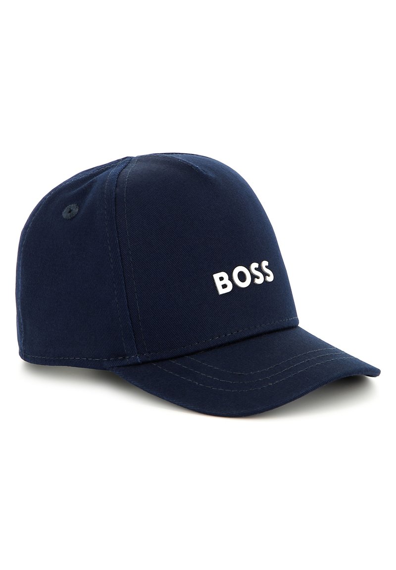 Casquette de baseball bleu marine en coton, dotée d'une couronne structurée, d'une visière courbée et d'un logo "BOSS" brodé en blanc sur l'avant.