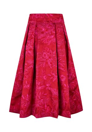 Rote Midirock mit Blumenmuster, Falten, strukturiertem Stoff und einem Reißverschluss hinten. Taillierter Bund für perfekten Sitz.