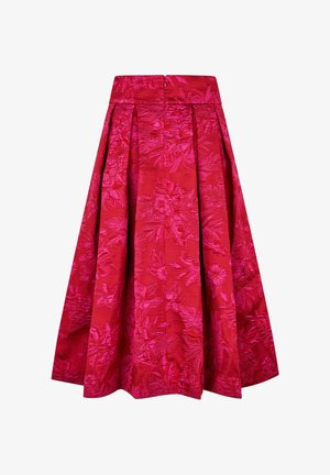 Midi suknja s crvenim cvjetnim uzorkom, plisirana, od teksturiranog materijala, s patentnim zatvaračem na stražnjoj strani. Prilagođeni struk za bolju prilagodbu.