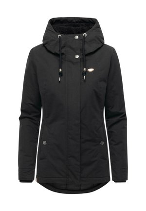 Veste d'hiver noire pour femme avec capuche, boutons-pression à l'avant, cordon de serrage à la capuche et deux poches latérales.