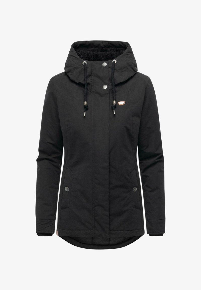 Veste d'hiver noire pour femme avec capuche, boutons-pression à l'avant, cordon de serrage à la capuche et deux poches latérales.