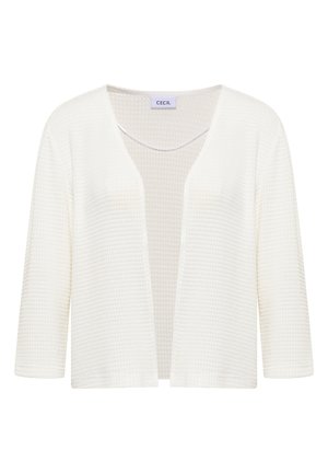 Cardigan blanc texturé à ouverture sur le devant, manches trois-quarts et col rond, étiquette "Cecil" à l'intérieur du col.