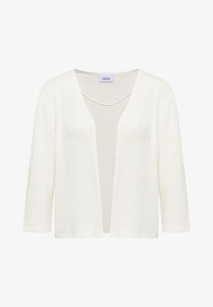 Cardigan blanc texturé à ouverture sur le devant, manches trois-quarts et col rond, étiquette "Cecil" à l'intérieur du col.