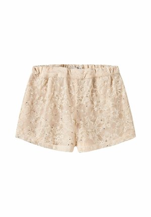 Pantalones cortos de encaje beige con patrón floral y sutiles lentejuelas, cintura elástica y ajuste ligeramente holgado.