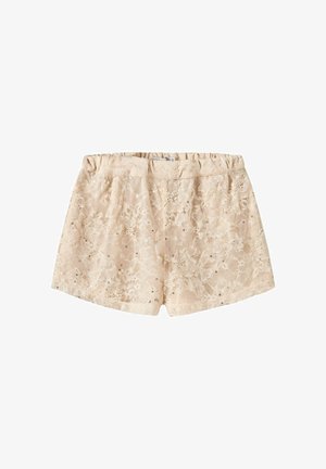 Béžové čipkované šortky s kvetinovým vzorom a jemnými trblietkami, elastickým pásom a mierne voľným strihom.