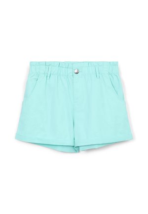 Shorts azzurri chiari realizzati in un tessuto liscio, con vita elastica, bottone decorativo e due tasche anteriori.