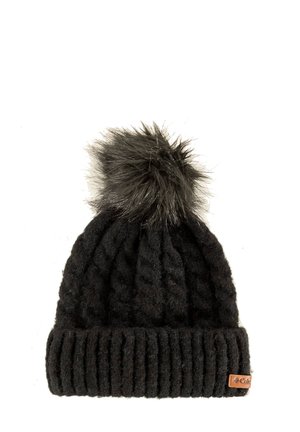 Bonnet en maille noire avec un poignet côtelé et un corps texturé. Présente un doux pompon en fausse fourrure sur le dessus. Comprend une petite étiquette en cuir.