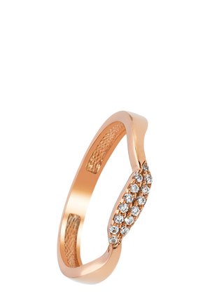 Rose gold ring featuring a smooth band and a central row of sparkling clear stones, with a textured interior surface.