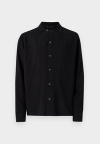 Schwarzes Langarmshirt mit einem klassischen Kragen, Knöpfen auf der Vorderseite und einer glatten Textur, geradem Saum und geknöpften Manschetten.