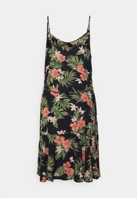Květinové sluneční šaty s tenkými ramínky, s černým pozadím a živými růžovými a zelenými tropickými vzory. Lehčí látka.