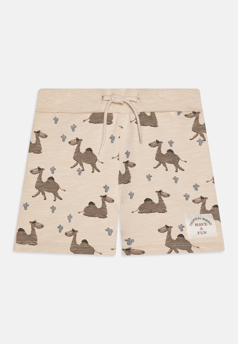 Beiga shorts med ett mönster av kamel och kaktus i brunt och grått, med en texturerad midja och dragsko; inkluderar en tagg med "TROPICAL MOOD."