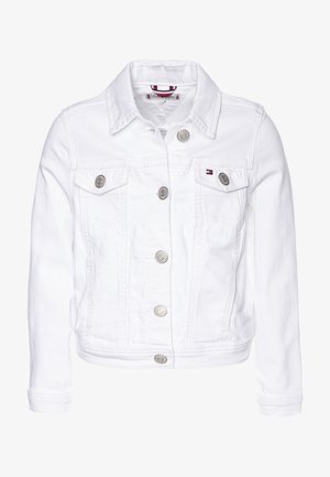 White denim jacket featuring a collared neck, two chest pockets, and silver hardware. Smooth texture with a fitted design.