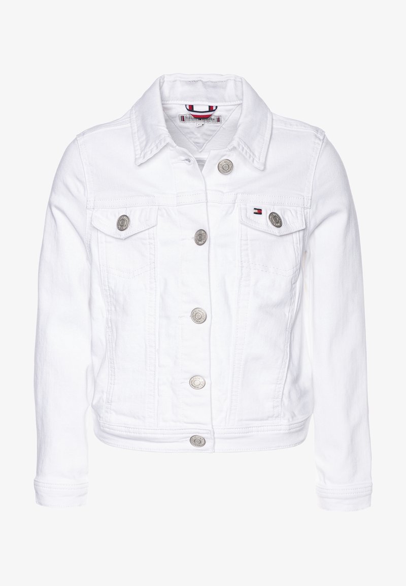 Giacca in denim bianco con collo, due tasche sul petto e finiture in metallo argentato. Tessuto morbido con un design aderente.