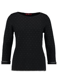 Maglione nero a maniche lunghe in tessuto lavorato a maglia, caratterizzato da un collo rotondo e dettagli con particelle argento su tutta la superficie. I polsini hanno una leggera lucentezza.