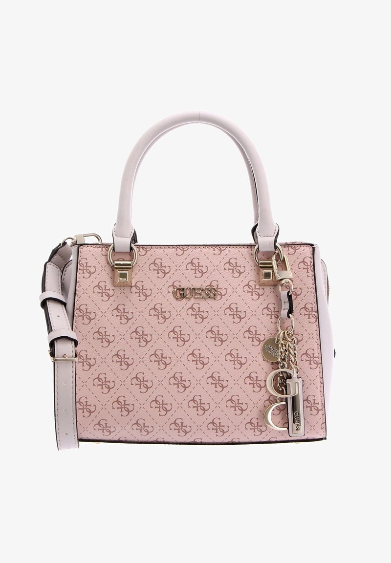 Lichtroze handtas van textuurrijk materiaal met een herhalend logopatroon, gouden hardware, dubbele handvatten en een verstelbare riem.