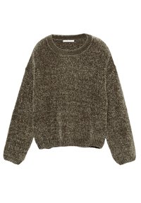 Maglione chunky verde oliva con scollo a giro, spalle scese e polsini a coste. Morbido, tricot testurizzato con un fit corto.